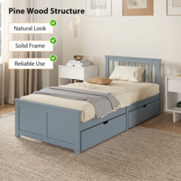 HOMCOM Pine Storage Bed, 3ft Single Solid Wooden Bed Frame with Drawers, Headboard, Wood Slat Support, Grey - thumbnail 4