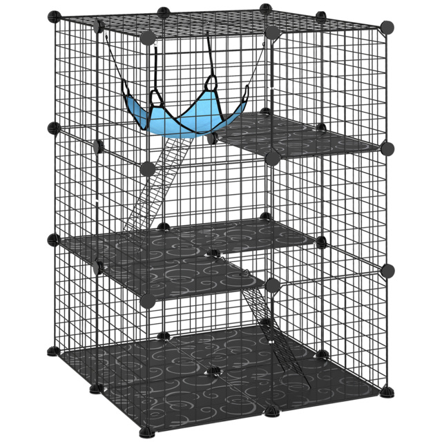PawHut Indoor Cat Cage DIY Customizable 3-Tier Indoor Cat Enclosure with 3 Doors and Hammock 105 cm Black - image 1