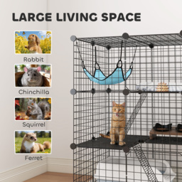 PawHut Indoor Cat Cage DIY Customizable 3-Tier Indoor Cat Enclosure with 3 Doors and Hammock 105 cm Black - thumbnail 7