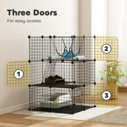 PawHut Indoor Cat Cage DIY Customizable 3-Tier Indoor Cat Enclosure with 3 Doors and Hammock 105 cm Black - thumbnail 6