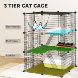 PawHut Indoor Cat Cage DIY Customizable 3-Tier Indoor Cat Enclosure with 3 Doors and Hammock 105 cm Black - thumbnail 5