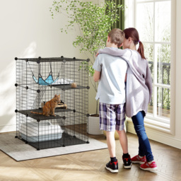 PawHut Indoor Cat Cage DIY Customizable 3-Tier Indoor Cat Enclosure with 3 Doors and Hammock 105 cm Black - thumbnail 2