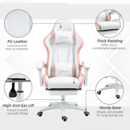 Vinsetto Racing Gaming Chair, Reclining PU Leather Computer Chair with 360 Degree Swivel Seat, Footrest, Removable Headrest White and Pink - Aosom UK - thumbnail 7