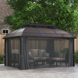Outsunny Aluminium Frame 4 x 3(m) Polycarbonate Gazebo with Curtains, Nettings, Double Roof for Lawn, Yard, Patio, Deck, Brown - thumbnail 2