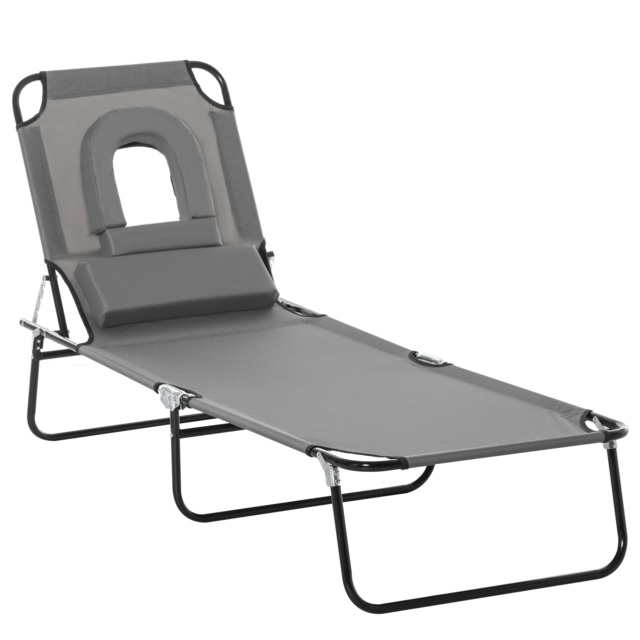 Outsunny Sun Lounger Foldable Reclining Chair with Pillow and Reading Hole Garden Beach Outdoor Recliner Adjustable Grey - Aosom UK - image 1