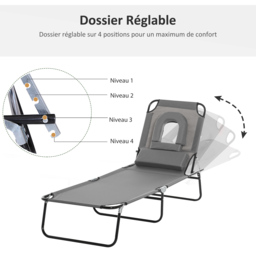 Outsunny Sun Lounger Foldable Reclining Chair with Pillow and Reading Hole Garden Beach Outdoor Recliner Adjustable Grey - Aosom UK - thumbnail 5
