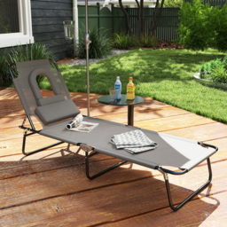 Outsunny Sun Lounger Foldable Reclining Chair with Pillow and Reading Hole Garden Beach Outdoor Recliner Adjustable Grey - Aosom UK - thumbnail 2