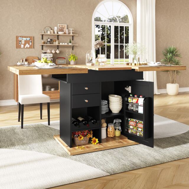 Telescopic Dining Table with Snack Shelf and Wine Rack for 4-6 People, Kitchen Table for Modern Living, 110L x 80W x 75H cm, Black+Natural - Aosom UK - image 1