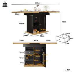 Telescopic Dining Table with Snack Shelf and Wine Rack for 4-6 People, Kitchen Table for Modern Living, 110L x 80W x 75H cm, Black+Natural - Aosom UK - thumbnail 3
