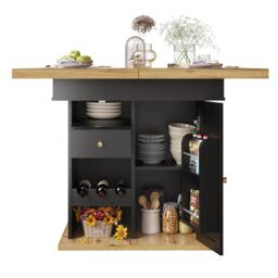 Telescopic Dining Table with Snack Shelf and Wine Rack for 4-6 People, Kitchen Table for Modern Living, 110L x 80W x 75H cm, Black+Natural - Aosom UK - thumbnail 2