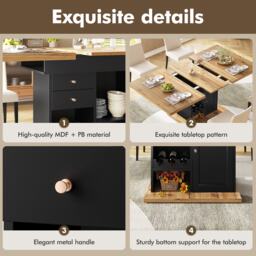 Telescopic Dining Table with Snack Shelf and Wine Rack for 4-6 People, Kitchen Table for Modern Living, 110L x 80W x 75H cm, Black+Natural - Aosom UK - thumbnail 5