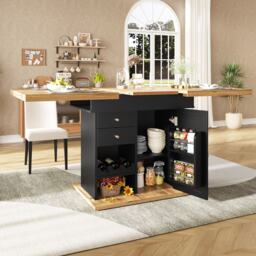 Telescopic Dining Table with Snack Shelf and Wine Rack for 4-6 People, Kitchen Table for Modern Living, 110L x 80W x 75H cm, Black+Natural - Aosom UK - thumbnail 1