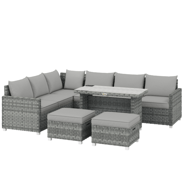 Outsunny 6 Seater Rattan Garden Furniture Set with 3 Sofas, 2 Footstools, Table, Patio Rattan Furniture Sofa Sets, Grey - image 1
