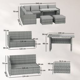 Outsunny 6 Seater Rattan Garden Furniture Set with 3 Sofas, 2 Footstools, Table, Patio Rattan Furniture Sofa Sets, Grey - thumbnail 3