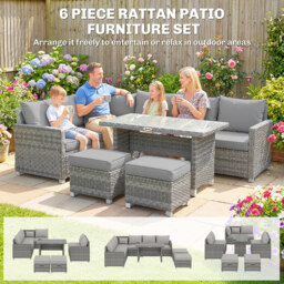 Outsunny 6 Seater Rattan Garden Furniture Set with 3 Sofas, 2 Footstools, Table, Patio Rattan Furniture Sofa Sets, Grey - thumbnail 4