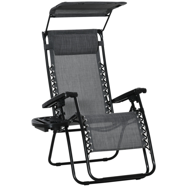 Outsunny Zero Gravity Garden Deck Folding Chair Patio Sun Lounger Reclining Seat with Cup Holder & Canopy Shade - Grey - Aosom UK - image 1