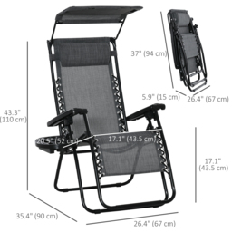 Outsunny Zero Gravity Garden Deck Folding Chair Patio Sun Lounger Reclining Seat with Cup Holder & Canopy Shade - Grey - Aosom UK - thumbnail 3