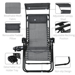 Outsunny Zero Gravity Garden Deck Folding Chair Patio Sun Lounger Reclining Seat with Cup Holder & Canopy Shade - Grey - Aosom UK - thumbnail 5
