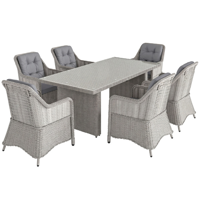 Outsunny 7 PCS Outdoor PE Rattan Dining Table Set, Patio Wicker Aluminium Chair Furniture w/ Tempered Glass Table Top, Cat Scratch Resistant, Grey - image 1