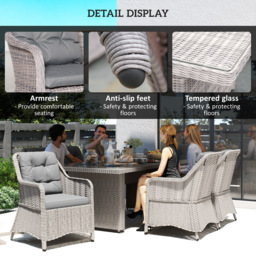 Outsunny 7 PCS Outdoor PE Rattan Dining Table Set, Patio Wicker Aluminium Chair Furniture w/ Tempered Glass Table Top, Cat Scratch Resistant, Grey - thumbnail 6
