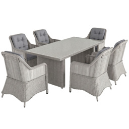Outsunny 7 PCS Outdoor PE Rattan Dining Table Set, Patio Wicker Aluminium Chair Furniture w/ Tempered Glass Table Top, Cat Scratch Resistant, Grey - thumbnail 1