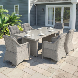 Outsunny 7 PCS Outdoor PE Rattan Dining Table Set, Patio Wicker Aluminium Chair Furniture w/ Tempered Glass Table Top, Cat Scratch Resistant, Grey - thumbnail 2