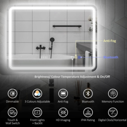 HOMCOM 60 x 80 cm Bluetooth LED Bathroom Mirror with Clock Anti-Fog - Silver Tone - thumbnail 4