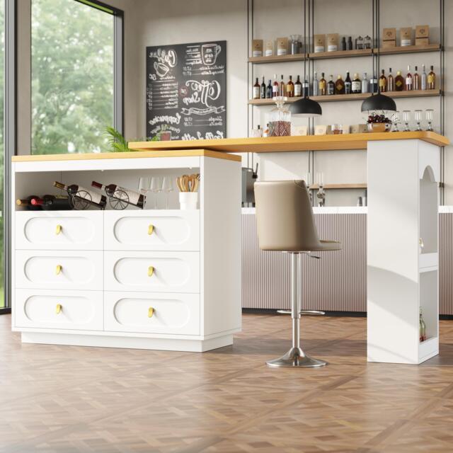 360° Rotating Kitchen Island, Side Table, Double Spice Rack, 6 Drawers Storage Bar Cart, Space-Saving, 137x39x90 cm, White - Aosom UK - image 1