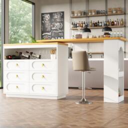 360° Rotating Kitchen Island, Side Table, Double Spice Rack, 6 Drawers Storage Bar Cart, Space-Saving, 137x39x90 cm, White - Aosom UK