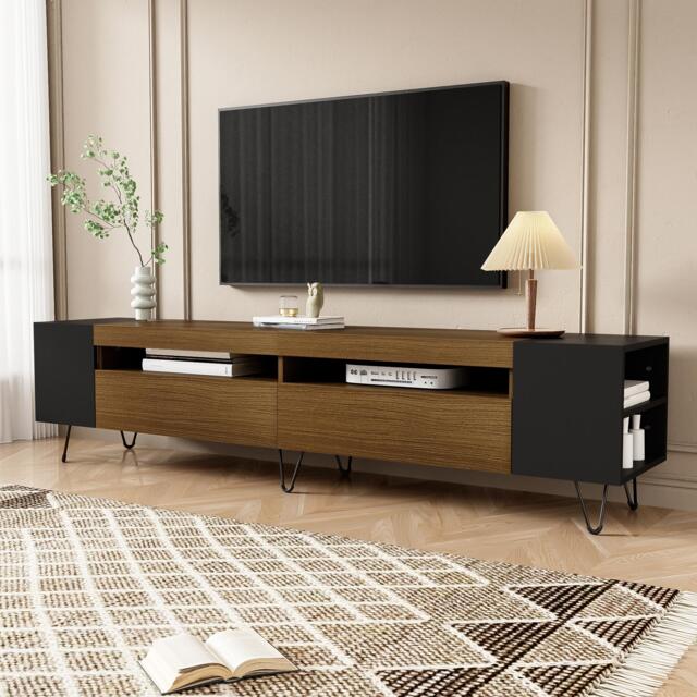 Modern TV Cabinet with 2 Front Doors and Open Side Compartments, Durable TV Stand with Cable Outlets, 180L x 36W x 43H cm, Black+Wood - Aosom UK - image 1
