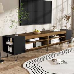 Modern TV Cabinet with 2 Front Doors and Open Side Compartments, Durable TV Stand with Cable Outlets, 180L x 36W x 43H cm, Black+Wood - Aosom UK - thumbnail 8