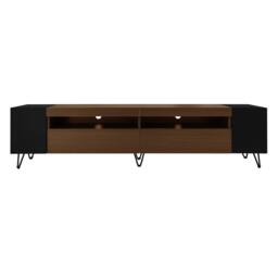 Modern TV Cabinet with 2 Front Doors and Open Side Compartments, Durable TV Stand with Cable Outlets, 180L x 36W x 43H cm, Black+Wood - Aosom UK - thumbnail 2