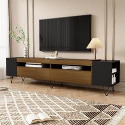 Modern TV Cabinet with 2 Front Doors and Open Side Compartments, Durable TV Stand with Cable Outlets, 180L x 36W x 43H cm, Black+Wood - Aosom UK - thumbnail 1