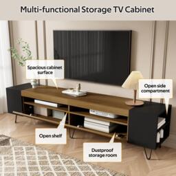Modern TV Cabinet with 2 Front Doors and Open Side Compartments, Durable TV Stand with Cable Outlets, 180L x 36W x 43H cm, Black+Wood - Aosom UK - thumbnail 7