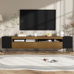 Modern TV Cabinet with 2 Front Doors and Open Side Compartments, Durable TV Stand with Cable Outlets, 180L x 36W x 43H cm, Black+Wood - Aosom UK - thumbnail 9