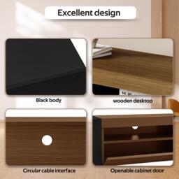 Modern TV Cabinet with 2 Front Doors and Open Side Compartments, Durable TV Stand with Cable Outlets, 180L x 36W x 43H cm, Black+Wood - Aosom UK - thumbnail 6