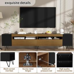 Modern TV Cabinet with 2 Front Doors and Open Side Compartments, Durable TV Stand with Cable Outlets, 180L x 36W x 43H cm, Black+Wood - Aosom UK - thumbnail 5