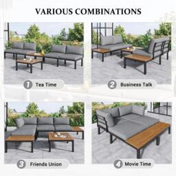 4 Seater Metal Garden Furniture Corner Sofa Set with Wooden Table, Iron Frame, Modern Outdoor Garden Lounge Set with Space-Saving Design for 4 People, Grey - Aosom UK - thumbnail 5