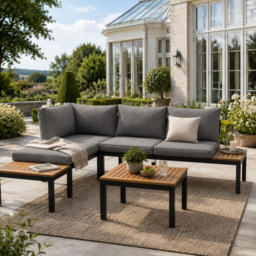 4 Seater Metal Garden Furniture Corner Sofa Set with Wooden Table, Iron Frame, Modern Outdoor Garden Lounge Set with Space-Saving Design for 4 People, Grey - Aosom UK - thumbnail 7