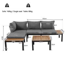 4 Seater Metal Garden Furniture Corner Sofa Set with Wooden Table, Iron Frame, Modern Outdoor Garden Lounge Set with Space-Saving Design for 4 People, Grey - Aosom UK - thumbnail 3