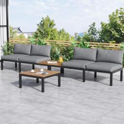 4 Seater Metal Garden Furniture Corner Sofa Set with Wooden Table, Iron Frame, Modern Outdoor Garden Lounge Set with Space-Saving Design for 4 People, Grey - Aosom UK - thumbnail 8