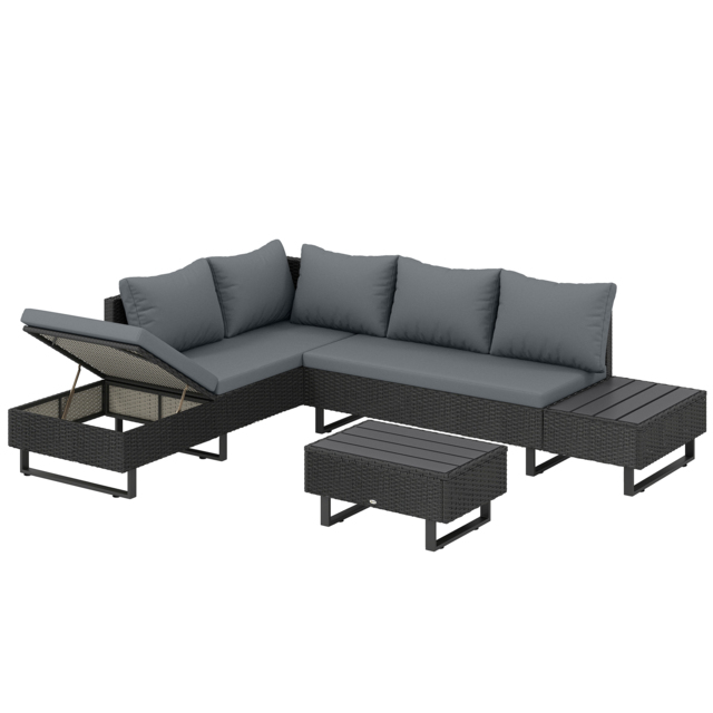 Outsunny 5 Seater Rattan Garden Furniture Set, L Shaped Garden Corner Sofa, Adjustable Back, Faux Wood Table, Dark Grey - image 1