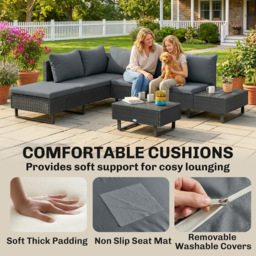 Outsunny 5 Seater Rattan Garden Furniture Set, L Shaped Garden Corner Sofa, Adjustable Back, Faux Wood Table, Dark Grey - thumbnail 8
