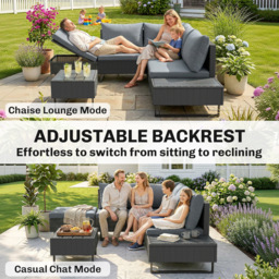 Outsunny 5 Seater Rattan Garden Furniture Set, L Shaped Garden Corner Sofa, Adjustable Back, Faux Wood Table, Dark Grey - thumbnail 4