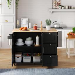 Versatile Kitchen Island with 3 Drawers and 2-Door Cabinet, Space-Saving Rolling Trolley with Foldable Worktop, 135L x 70W x 90H cm, Black - Aosom UK