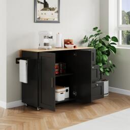 Versatile Kitchen Island with 3 Drawers and 2-Door Cabinet, Space-Saving Rolling Trolley with Foldable Worktop, 135L x 70W x 90H cm, Black - Aosom UK - thumbnail 9