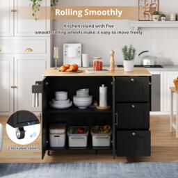 Versatile Kitchen Island with 3 Drawers and 2-Door Cabinet, Space-Saving Rolling Trolley with Foldable Worktop, 135L x 70W x 90H cm, Black - Aosom UK - thumbnail 5