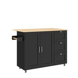 Versatile Kitchen Island with 3 Drawers and 2-Door Cabinet, Space-Saving Rolling Trolley with Foldable Worktop, 135L x 70W x 90H cm, Black - Aosom UK - thumbnail 2
