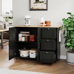 Versatile Kitchen Island with 3 Drawers and 2-Door Cabinet, Space-Saving Rolling Trolley with Foldable Worktop, 135L x 70W x 90H cm, Black - Aosom UK - thumbnail 8