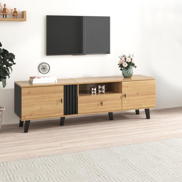 Modern TV Cabinet with 2 Doors, Slatted Front, Spacious Compartment, TV Stand for organised storage, 170L x 4W x 50.5H cm, Black+Wood - Aosom UK
